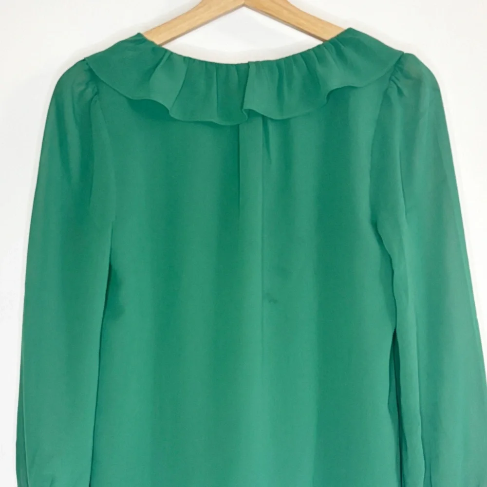 J Crew Chiffon Ruffle Neck 3/4 Sleeves Green Top Sz XS